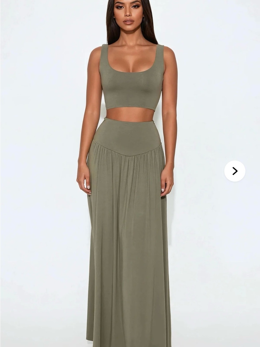 Olive High-Waist Maxi Skirt and crop shirt set